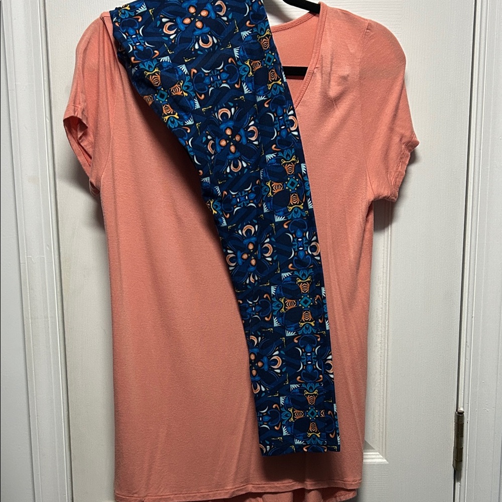 Peach Top and Blue Patterned Leggings Set